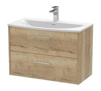Hudson Reed JNU1826G Juno Modern Bathroom Wall Hung 2-Drawer Vanity with Curved Ceramic Basin, 800mm, Woodgrain Autumn Oak