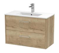 Hudson Reed JNU1826B Juno Modern Bathroom Wall Hung 2-Drawer Vanity with Minimalist Ceramic Basin, 800mm, Woodgrain Autumn Oak