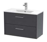 Hudson Reed Juno Wall Hung 2-Drawer Vanity And Minimalist 1 Tap Hole Basin, Spacious Sink Vanity Unit, Graphite Grey Woodgrain