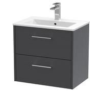 Hudson Reed JNU2224B Juno Modern Bathroom Wall Hung 2-Drawer Vanity with Minimalist Ceramic Basin, 600mm, Woodgrain Graphite Grey