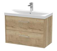 Hudson Reed Juno Woodgrain Wall Hung 2 Drawer Vanity Unit and Thin Edge Ceramic Basin | Autumn Oak | MDF | 800mm