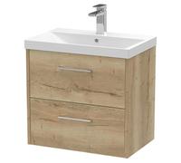 Hudson Reed JNU1824D Juno Modern Bathroom Wall Hung 2-Drawer Vanity with Thin-Edge Ceramic Basin, 600mm, Woodgrain Autumn Oak