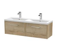 Hudson Reed Juno Woodgrain Wall Hung 2 Drawer Vanity Unit and Twin Ceramic Basins | Autumn Oak | MDF | 1200mm