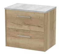 Hudson Reed Juno Woodgrain Wall Hung 2 Drawer Vanity Unit with Bellato Grey Worktop | Autumn Oak | MDF | 600mm