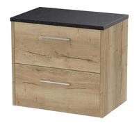 Hudson Reed Juno Woodgrain Wall Hung 2 Drawer Vanity Unit with Black Sparkle Worktop | Autumn Oak | MDF | 600mm