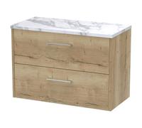 Hudson Reed JNU1826LCM Juno Modern Bathroom Wall Hung 2 Soft Close Drawer Vanity Unit and Carrera Marble Laminate Worktop, 800mm, Autumn Oak