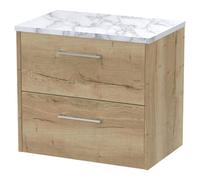 Hudson Reed Juno Woodgrain Wall Hung 2 Drawer Vanity Unit with Carrera Marble Worktop | Autumn Oak | MFC | 600mm