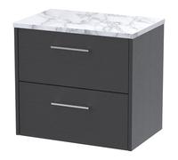 Hudson Reed Juno Woodgrain Wall Hung 2 Drawer Vanity Unit with Carrera Marble Worktop | Graphite Grey | MFC | 600mm