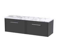 Hudson Reed Juno Woodgrain Wall Hung 2 Drawer Vanity Unit with Carrera Marble Worktop | Graphite Grey | MFC | 1200mm