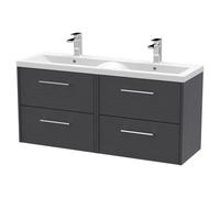 Hudson Reed Juno Woodgrain Wall Hung 4 Drawer Vanity Unit and Twin Ceramic Basins | Graphite Grey | MDF | 1200mm