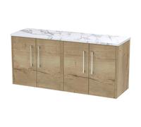 Hudson Reed Juno Woodgrain Wall Hung 4 Drawer Vanity Unit with Carrera Marble Worktop | Autumn Oak | MFC | 1200mm