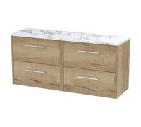 Hudson Reed JNU1824LCM2 Juno Modern Bathroom Wall Hung 4 Soft Close Drawer Vanity Unit and Carrera Marble Laminate Worktop, 1200mm, Autumn Oak
