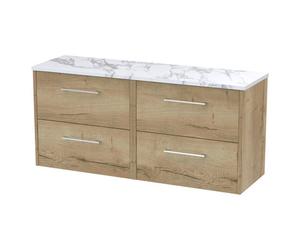 Hudson Reed Juno Woodgrain Wall Hung 4 Drawer Vanity Unit with Carrera Marble Worktop | Autumn Oak | MFC | 1200mm