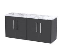 Hudson Reed JNU2223LCM2 Juno Modern Bathroom Wall Hung 4 Door Vanity Unit and Carrera Marble Laminate Worktop, 1200mm, Graphite Grey Woodgrain