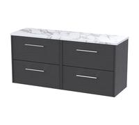 Hudson Reed Juno Woodgrain Wall Hung 4 Drawer Vanity Unit with Carrera Marble Worktop | Graphite Grey | MFC | 1200mm