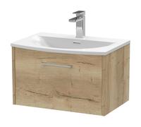 Hudson Reed Juno Woodgrain Wall Hung Single Drawer Vanity Unit and Curved Ceramic Basin | Autumn Oak | MDF | 600mm