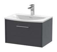 Hudson Reed JNU2222G Juno Modern Bathroom Wall Hung Single Drawer Vanity with Curved Ceramic Basin, 600mm, Woodgrain Graphite Grey