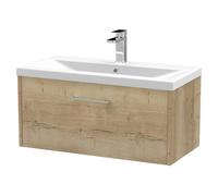 Hudson Reed JNU1825A Juno Modern Bathroom Wall Hung Single Drawer Vanity with Mid-Edge Ceramic Basin, 800mm, Woodgrain Autumn Oak