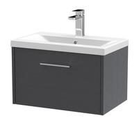 Hudson Reed Juno Woodgrain Wall Hung Single Drawer Vanity Unit and Mid Edge Ceramic Basin | Graphite Grey | MDF | 600mm