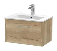 Hudson Reed Juno Wall Hung Single Drawer Vanity Unit With Minimalist 1 Tap Hole Basin, Autumn Oak Textured Woodgrain Finish, 600mm