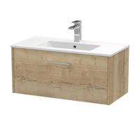 Hudson Reed Juno Woodgrain Wall Hung Single Drawer Vanity Unit and Minimalist Ceramic Basin | Autumn Oak | MDF | 800mm