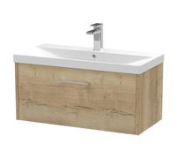 Hudson Reed JNU1825D Juno Modern Bathroom Wall Hung Single Drawer Vanity with Thin-Edge Ceramic Basin, 800mm, Woodgrain Autumn Oak