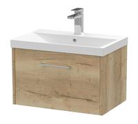 Hudson Reed Juno Woodgrain Wall Hung Single Drawer Vanity Unit and Thin Edge Ceramic Basin | Autumn Oak | MDF | 600mm