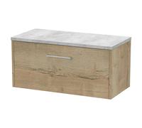 Hudson Reed Juno Woodgrain Wall Hung Single Drawer Vanity Unit with Bellato Grey Worktop | Autumn Oak | MDF | 800mm