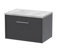 Hudson Reed Juno Woodgrain Wall Hung Single Drawer Vanity Unit with Bellato Grey Worktop | Graphite Grey | MDF | 600mm