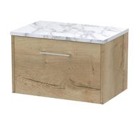 Hudson Reed Juno Woodgrain Wall Hung Single Drawer Vanity Unit with Carrera Marble Worktop | Autumn Oak | MFC | 600mm