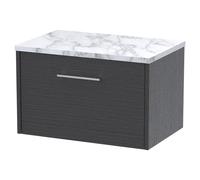 Hudson Reed Juno Woodgrain Wall Hung Single Drawer Vanity Unit with Carrera Marble Worktop | Graphite Grey | MFC | 600mm