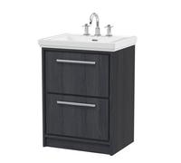 Hudson Reed Lille Woodgrain 2 Drawer Vanity Unit and Classic 3 Tap Hole Fireclay Basin | Graphite Grey | MFC | 600mm