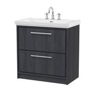 Hudson Reed Lille Woodgrain 2 Drawer Vanity Unit and Classic 3 Tap Hole Fireclay Basin | Graphite Grey | MFC | 800mm