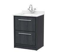 Hudson Reed Lille Woodgrain 2 Drawer Vanity Unit and White Marble Coutnertop with a Square Ceramic Basin | Graphite Grey | MFC | 600mm