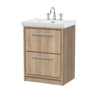 Hudson Reed Lille Woodgrain 2 Drawer Vaniey Unit and Classic 3 Tap Hole Fireclay Basin | Bleached Oak | MFC | 600mm