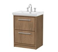 Hudson Reed Lille Woodgrain 2 Drawer Vaniey Unit and Classic 3 Tap Hole Fireclay Basin | Bleached Oak | MFC | 600mm