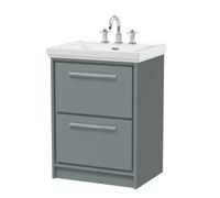 Hudson Reed Lille Matt 2 Drawer Vanity Unit and Classic 3 Tap Hole Fireclay Basin | Coastal Grey | MFC | 600mm