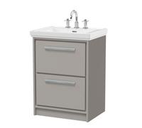 Hudson Reed Lille Matt 2 Drawer Vanity Unit and Classic 3 Tap Hole Fireclay Basin | Pebble Grey | MFC | 600mm