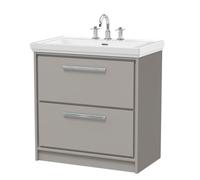 Hudson Reed Lille Matt 2 Drawer Vanity Unit and Classic 3 Tap Hole Fireclay Basin | Pebble Grey | MFC | 800mm