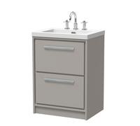 Hudson Reed Lille Matt 2 Drawer Vanity Unit and Minimalist 3 Tap Hole Fireclay Basin | Pebble Grey | MFC | 600mm