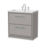 Hudson Reed Lille Matt 2 Drawer Vanity Unit and Minimalist 3 Tap Hole Fireclay Basin | Pebble Grey | MFC | 800mm