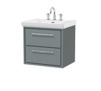 Hudson Reed Lille Matt Wall Hung 2 Drawer Vanity Unit and Classic 3 Tap Hole Fireclay Basin | Coastal Grey | MFC | 600mm
