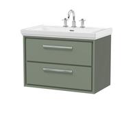 Hudson Reed Lille Matt Wall Hung 2 Drawer Vanity Unit and Classic 3 Tap Hole Fireclay Basin | Fern Green | MFC | 800mm
