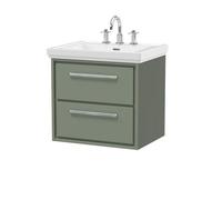 Hudson Reed Lille Matt Wall Hung 2 Drawer Vanity Unit and Classic 3 Tap Hole Fireclay Basin | Fern Green | MFC | 600mm