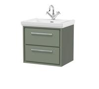 Hudson Reed Lille Matt Wall Hung 2 Drawer Vanity Unit and Classic Fireclay Basin | Fern Green | MFC | 600mm
