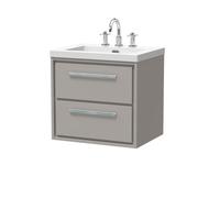 Hudson Reed Lille Matt Wall Hung 2 Drawer Vanity Unit and Minimalist 3 Tap Hole Fireclay Basin | Pebble Grey | MFC | 600mm