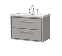 Hudson Reed Lille Matt Wall Hung 2 Drawer Vanity Unit and Minimalist 3 Tap Hole Fireclay Basin | Pebble Grey | MFC | 800mm