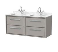 Hudson Reed Lille Matt Wall Hung 2 Drawer Vanity Unit with White Marble Countertop and 2 Square Ceramic Basins | Pebble Grey | MFC | 600mm
