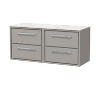 Hudson Reed Lille Matt Wall Hung 4 Drawer Vanity Unit with White Marble Worktop | Pebble Grey | MFC | 1200mm