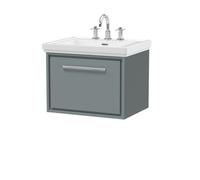 Hudson Reed Lille Matt Wall Hung Single Drawer Vanity Unit and Classic 3 Tap Hole Fireclay Basin | Coastal Grey | MFC | 600mm